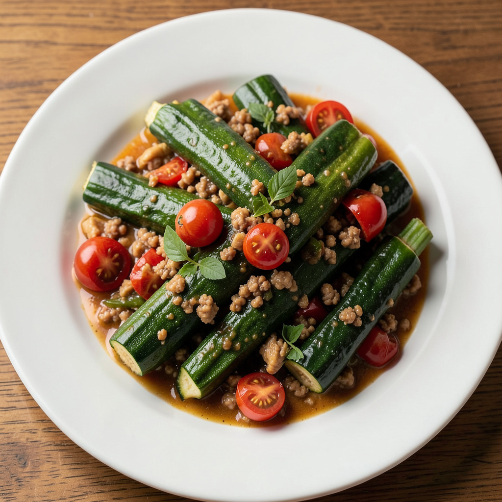 Кабачки, тушеные с куриным фаршем и помидорами
