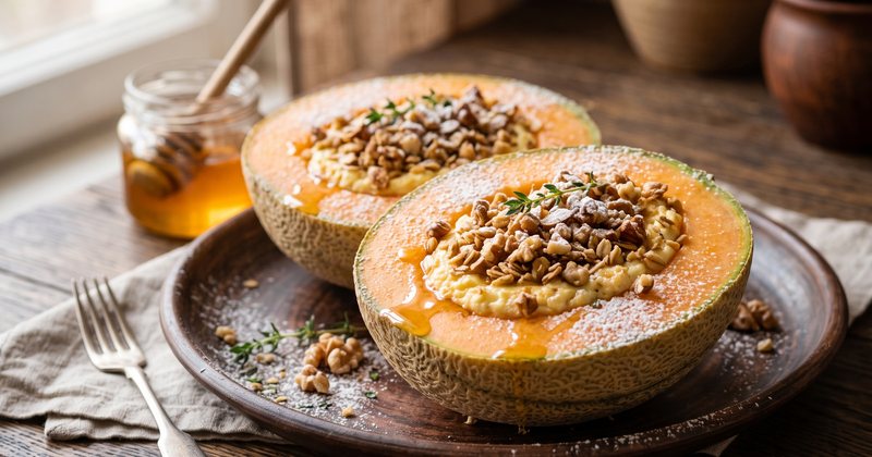 Дынные лодочки с творогом, мёдом и ореховой крошкой
