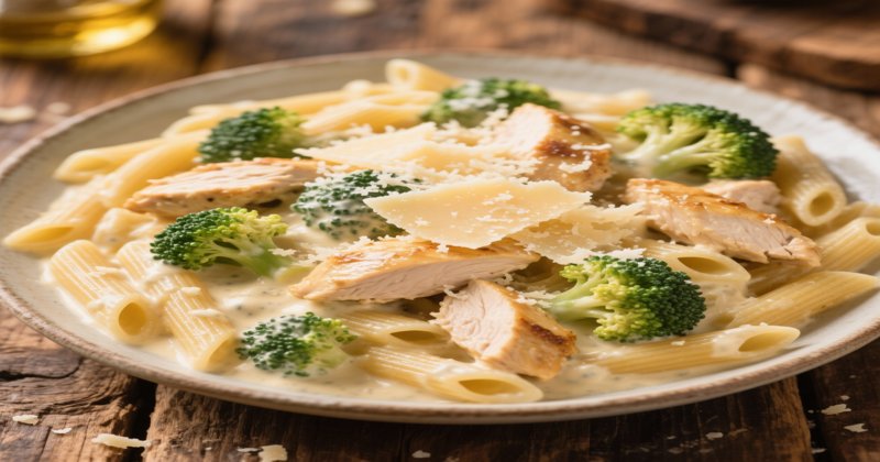 Паста с курицей, брокколи и сливочным соусом